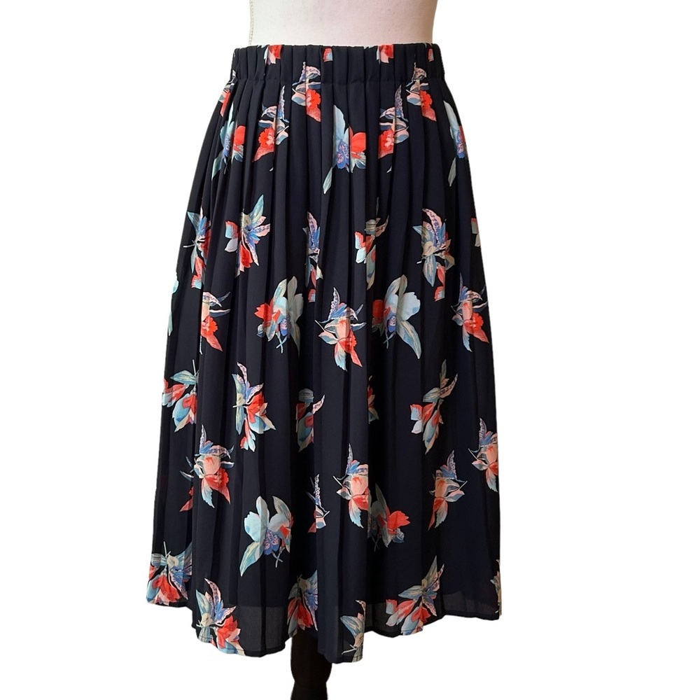 Ava & Viv Floral Pull On Pleated A-line Skirt SZ 1X‎ Navy Blue Floral Whimsical